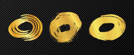 Illustration for Gold grunge brush strokes in circle form. Set of three painted ink circles. Ink spot isolated on dark transparent background. Vector illustration - Royalty Free Image