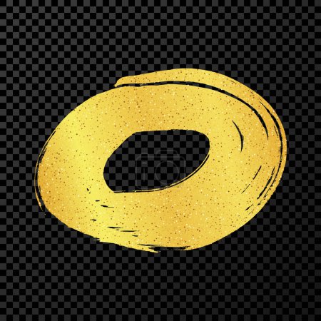 Illustration for Gold grunge brush strokes in circle form. Painted ink circle. Ink spot isolated on dark transparent background. Vector illustration - Royalty Free Image