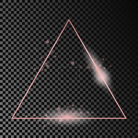 Illustration for Rose gold glowing triangle frame isolated on dark transparent background. Shiny frame with glowing effects. Vector illustration - Royalty Free Image