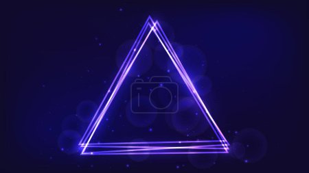 Illustration for Neon triangular frame with shining effects and sparkles on dark background. Empty glowing techno backdrop. Vector illustration - Royalty Free Image