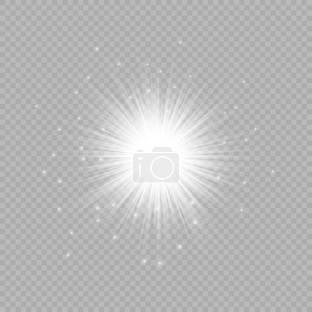 Ilustración de Efecto luminoso de las bengalas. Luces blancas brillantes efectos de explosión estelar con destellos sobre un fondo gris transparente. Ilustración vectorial - Imagen libre de derechos