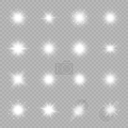 Ilustración de Efecto luminoso de las bengalas. Conjunto de dieciséis luces blancas brillantes efectos de explosión estelar con destellos sobre un fondo gris transparente. Ilustración vectorial - Imagen libre de derechos