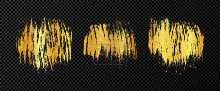 Illustration for Set of three gold brush strokes. Hand drawn ink spots isolated on dark transparent background. Vector illustration - Royalty Free Image