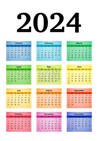 Téléchargez les illustrations : Calendar for 2024 isolated on a white background. Sunday to Monday, business template. Vector illustration - en licence libre de droit