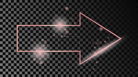Illustration for Rose gold glowing arrow shape frame isolated on dark transparent background. Shiny frame with glowing effects. Vector illustration - Royalty Free Image