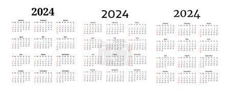 Téléchargez les illustrations : Ensemble de trois calendriers pour 2024 isolés sur fond blanc. Du dimanche au lundi, modèle d'affaires. Illustration vectorielle - en licence libre de droit