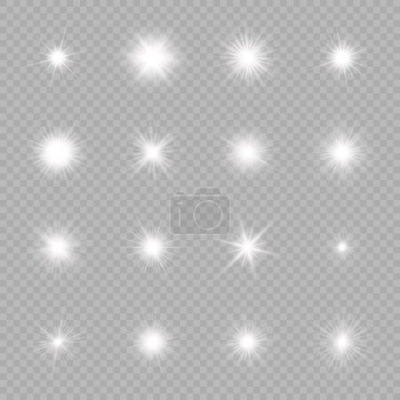 Illustration for Light effect of lens flares. Set of sixteen white glowing lights starburst effects with sparkles on a grey transparent background. Vector illustration - Royalty Free Image