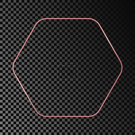 Téléchargez les illustrations : Rose gold glowing rounded hexagon frame isolated on dark transparent background. Shiny frame with glowing effects. Vector illustration - en licence libre de droit