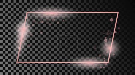 Illustration for Rose gold glowing rectangular shape frame isolated on dark transparent background. Shiny frame with glowing effects. Vector illustration - Royalty Free Image