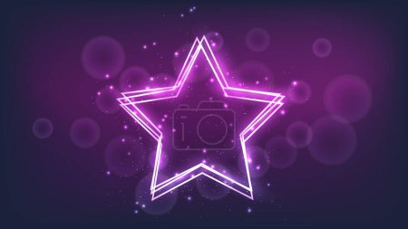 Illustration for Neon frame in star form with shining effects and sparkles on dark background. Empty glowing techno backdrop. Vector illustration - Royalty Free Image