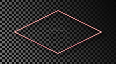 Illustration for Rose gold glowing rhombus shape frame with shadow isolated on dark transparent background. Shiny frame with glowing effects. Vector illustration - Royalty Free Image