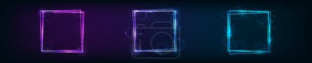 Téléchargez les illustrations : Set of three neon square frames with shining effects and sparkles on dark background. Empty glowing techno backdrop. Vector illustration - en licence libre de droit