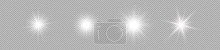 Ilustración de Efecto luminoso de las bengalas. Conjunto de cuatro luces blancas brillantes efectos de explosión estelar con destellos sobre un fondo gris transparente. Ilustración vectorial - Imagen libre de derechos