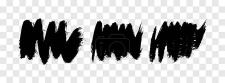 Téléchargez les illustrations : Set of three black brush strokes. Hand drawn ink spots isolated on transparent background. Vector illustration - en licence libre de droit