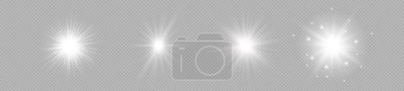 Ilustración de Light effect of lens flares. Set of four white glowing lights starburst effects with sparkles on a grey transparent background. Vector illustration - Imagen libre de derechos