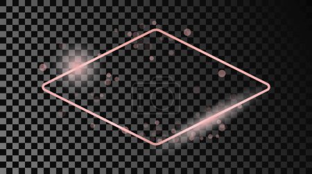 Illustration for Rose gold glowing rounded rhombus shape frame isolated on dark transparent background. Shiny frame with glowing effects. Vector illustration - Royalty Free Image