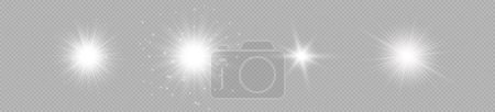 Illustration for Light effect of lens flares. Set of four white glowing lights starburst effects with sparkles on a grey transparent background. Vector illustration - Royalty Free Image