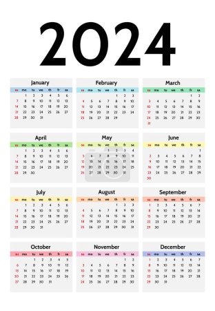 Illustration for Calendar for 2024 isolated on a white background. Sunday to Monday, business template. Vector illustration - Royalty Free Image