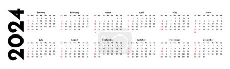Téléchargez les illustrations : Horizontal calendar for 2024 isolated on a white background. Sunday to Monday, business template. Vector illustration - en licence libre de droit