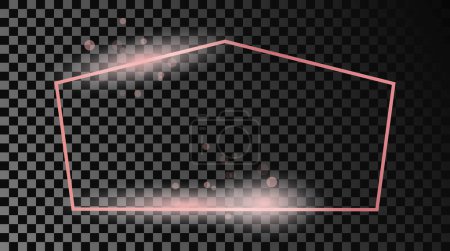 Illustration for Rose gold glowing tetragon shape frame isolated on dark transparent background. Shiny frame with glowing effects. Vector illustration - Royalty Free Image