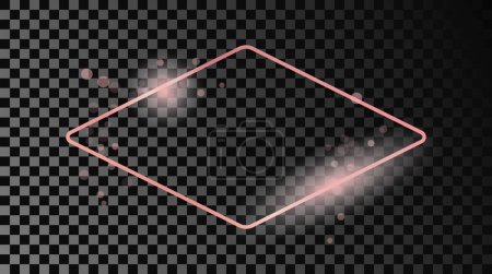 Illustration for Rose gold glowing rounded rhombus shape frame isolated on dark transparent background. Shiny frame with glowing effects. Vector illustration - Royalty Free Image