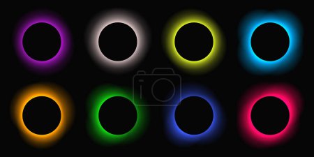 Ilustración de Circle illuminate frame with gradient. Set of eight round neon banners isolated on black background. Vector illustration - Imagen libre de derechos