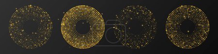 Ilustración de Fondo punteado semitono brillante oro abstracto. Conjunto de cuatro patrones de brillo de oro en forma de círculo. Círculo de puntos de medio tono. Ilustración vectorial - Imagen libre de derechos