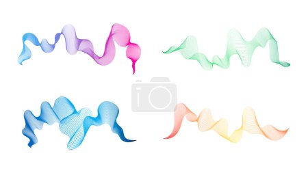 Illustration for Curved wavy stripes. Set of four abstract colored gradient wave lines on white background. Vector illustration - Royalty Free Image