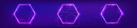 Téléchargez les illustrations : Set of three neon hexagon frames with shining effects and sparkles on dark background. Empty glowing techno backdrop. Vector illustration - en licence libre de droit