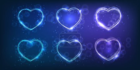 Illustration for Set of neon frames in heart form with shining effects and sparkles on dark background. Empty glowing techno backdrop. Vector illustration - Royalty Free Image