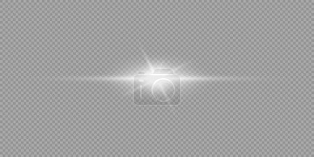 Illustration for Light effect of lens flares. White horizontal glowing light starburst effect with sparkles on a grey transparent background. Vector illustration - Royalty Free Image