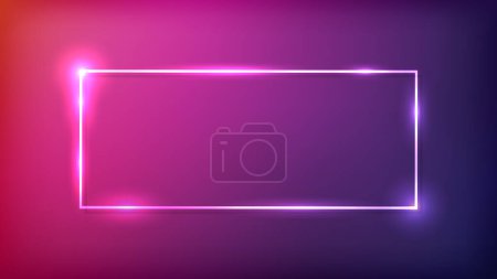 Illustration for Neon rectangular frame with shining effects on dark purple background. Empty glowing techno backdrop. Vector illustration - Royalty Free Image