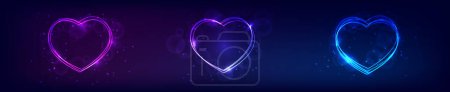 Illustration for Set of three neon frames in heart form with shining effects and sparkles on dark background. Empty glowing techno backdrop. Vector illustration - Royalty Free Image