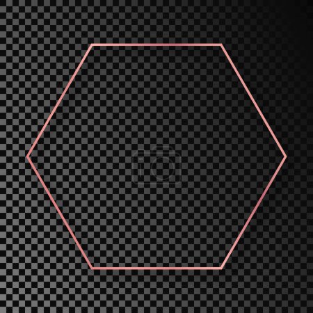 Illustration for Rose gold glowing hexagon frame with shadow isolated on dark transparent background. Shiny frame with glowing effects. Vector illustration - Royalty Free Image