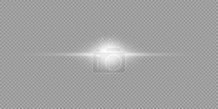 Ilustración de Efecto luminoso de las bengalas. Efecto de ráfaga de luz brillante horizontal blanca con destellos sobre un fondo gris transparente. Ilustración vectorial - Imagen libre de derechos