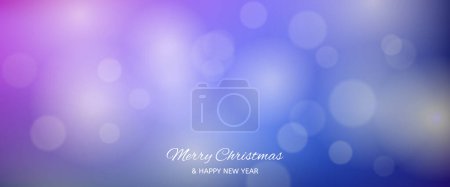 Téléchargez les illustrations : Carte de Noël avec un effet de lumière bokeh flou fond violet avec des lumières floues circulaires et l'inscription Joyeux Noël et bonne année. Illustration vectorielle - en licence libre de droit