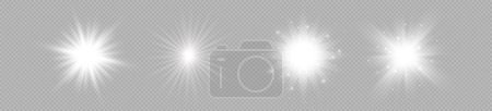 Ilustración de Efecto luminoso de las bengalas. Conjunto de cuatro luces blancas brillantes efectos de explosión estelar con destellos sobre un fondo gris transparente. Ilustración vectorial - Imagen libre de derechos