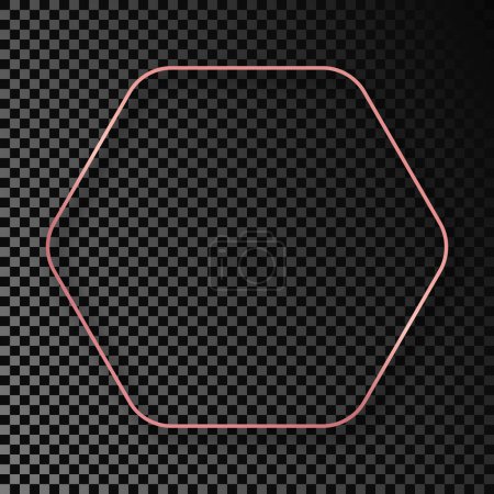 Illustration for Rose gold glowing rounded hexagon frame with shadow isolated on dark transparent background. Shiny frame with glowing effects. Vector illustration - Royalty Free Image