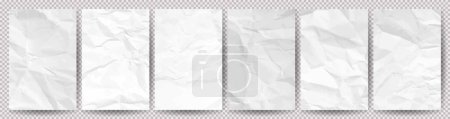 Illustration for Big set of white clean crumpled papers on a transparent background. Crumpled empty notebook sheets of paper with shadow for posters and banners. Vector illustration - Royalty Free Image