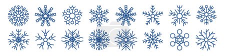 Illustration for Snowflakes winter collection. Set of sixteen blue snowflakes in line style on white background. Christmas and New Year decoration elements. Vector illustration - Royalty Free Image