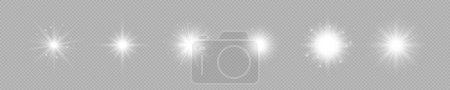 Illustration for Light effect of lens flares. Set of six white glowing lights starburst effects with sparkles on a grey transparent background. Vector illustration - Royalty Free Image