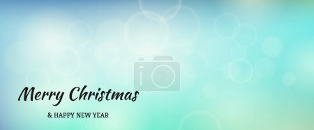 Téléchargez les illustrations : Carte de Noël avec un effet de lumière bokeh flou fond bleu avec des lumières floues circulaires et l'inscription Joyeux Noël et bonne année. Illustration vectorielle - en licence libre de droit