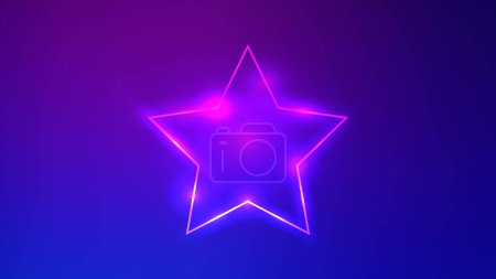 Illustration for Neon frame in star form with shining effects on dark purple background. Empty glowing techno backdrop. Vector illustration - Royalty Free Image