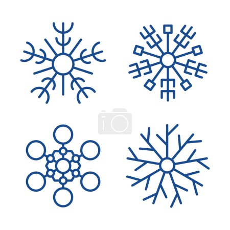 Illustration for Snowflakes winter collection. Set of four blue snowflakes in line style on white background. Christmas and New Year decoration elements. Vector illustration - Royalty Free Image