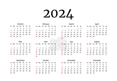Illustration for Calendar for 2024 isolated on a white background. Sunday to Monday, business template. Vector illustration - Royalty Free Image