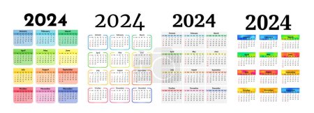 Ilustración de Conjunto de cuatro calendarios verticales para 2024 aislados sobre fondo blanco. De domingo a lunes, plantilla de negocios. Ilustración vectorial - Imagen libre de derechos