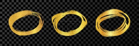 Illustration for Circle drawn with a gold marker. Set of three doodle style various scribble circles. Gold hand drawn design elements on dark transparent background. Vector illustration - Royalty Free Image
