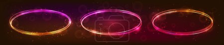 Illustration for Set of three neon oval frames with shining effects and sparkles on dark background. Empty glowing techno backdrop. Vector illustration - Royalty Free Image