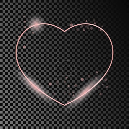 Illustration for Rose gold glowing heart shape frame isolated on dark transparent background. Shiny frame with glowing effects. Vector illustration - Royalty Free Image