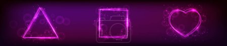 Illustration for Set of three neon frames with shining effects and sparkles on dark background. Empty glowing techno backdrop. Vector illustration - Royalty Free Image